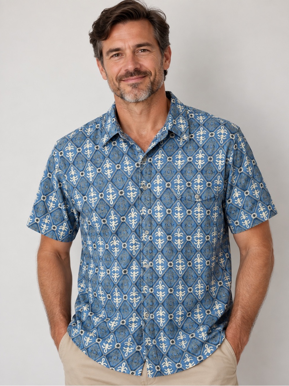 Cambria Moda Blue Rayon Button Down Shirt Men’s M Geometric Asian Print